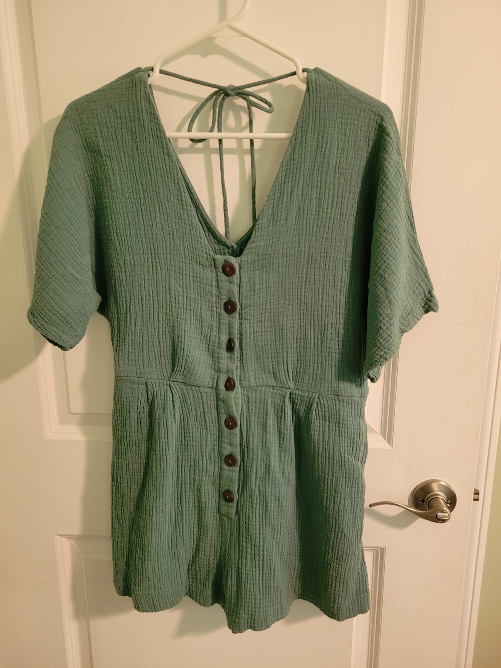 Women’s Sage Green Button-Front Shorts Romper 100% Cotton